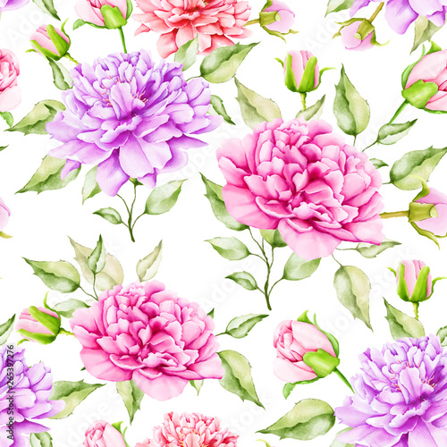 watercolor floral and leaves seamless pattern