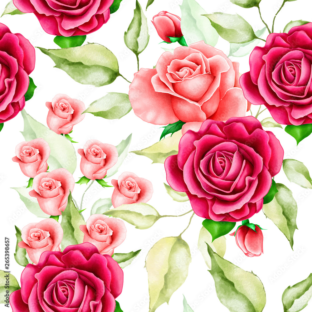 Fototapeta premium watercolor floral and leaves seamless pattern