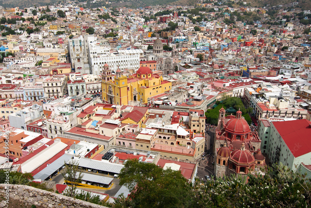 Aerial view of Guanajuato City historic center, including the Basilica and University of Guanajuato. Guanajuato State, Mexico.