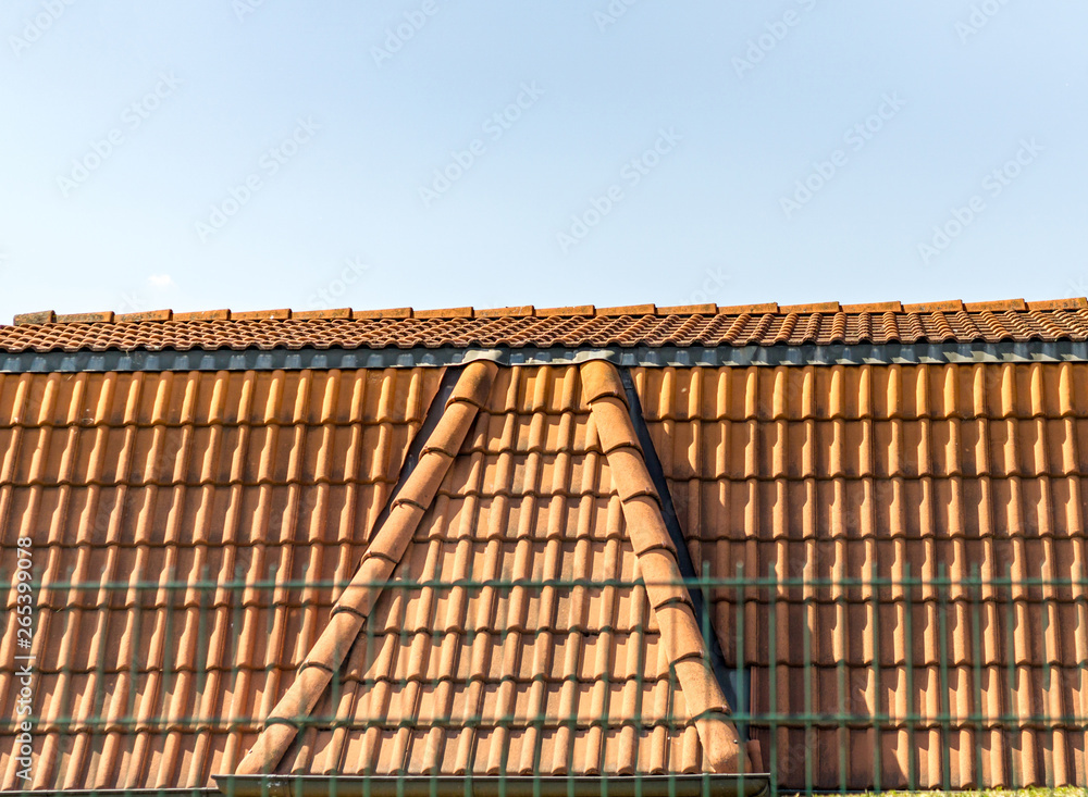 Red corrugated tile element of roof at house, Shingles roofing surface tiles overlay pattern Red corrugated tile element of roof at house, Shingles roofing surface tiles overlay pattern