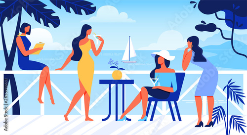 Women Relaxing on Open Air Terrace with Sea View.