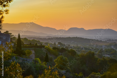 Beautiful cloudless orange sunrise over French countryside in the Maritime Alps