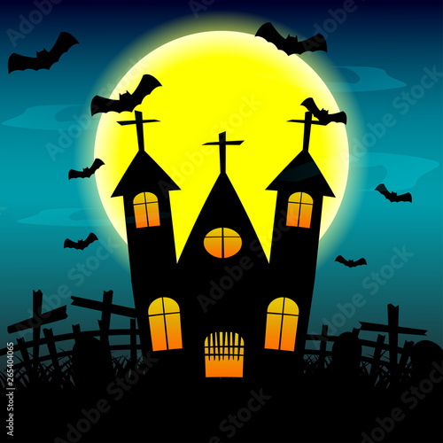 Halloween night background with haunted house and full moon. vector. illustration.