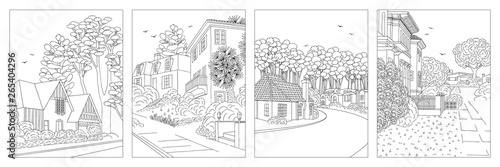 Set of four hand drawn black and white illustrations of middle class suburban neighbourhoods with houses, yard, pavement and trees