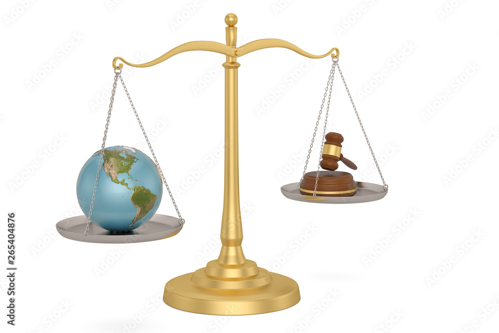 Legal hammer and globe on libra over white background. 3D illustration. Legal hammer and globe on libra over white background. 3D illustration.