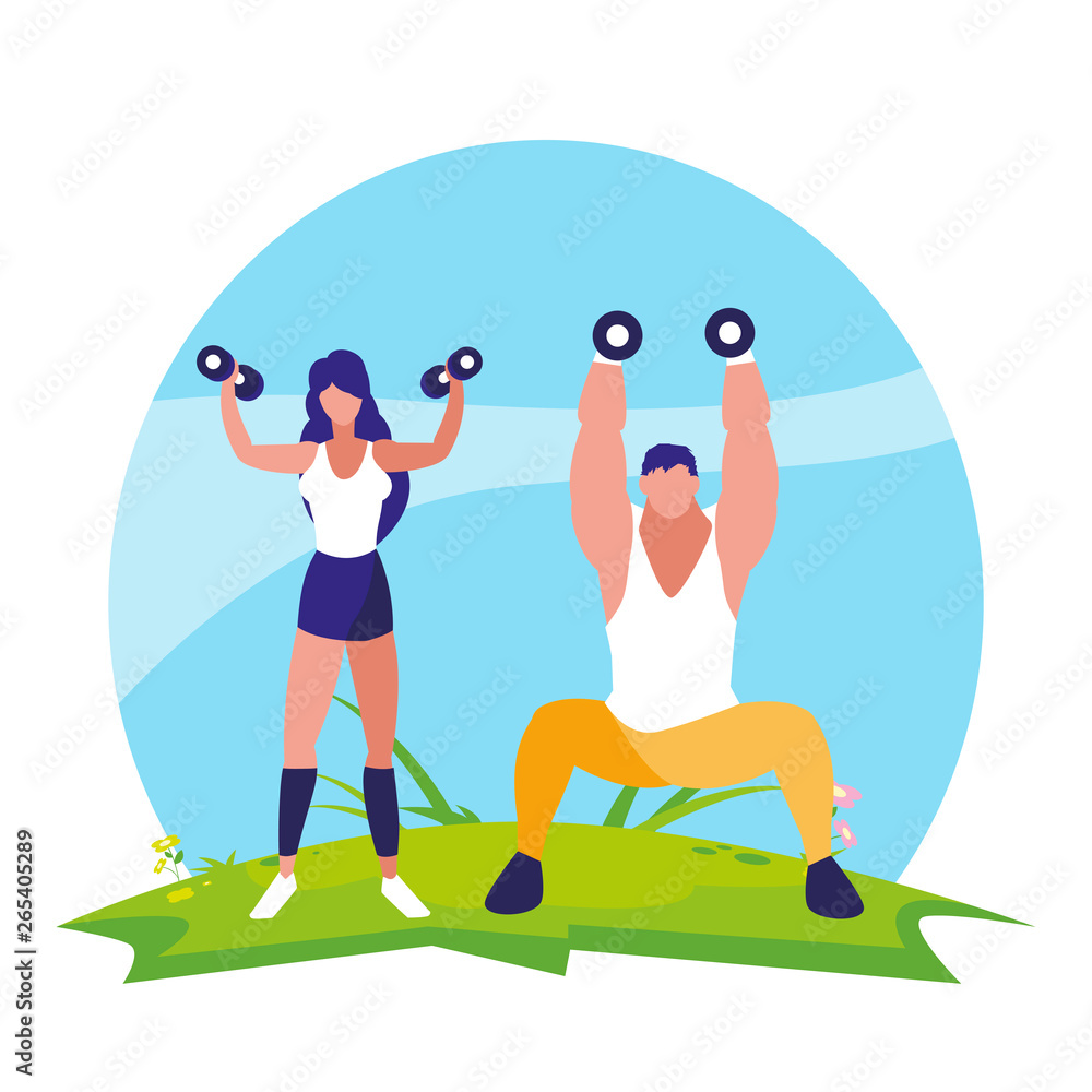 athletic man and woman weight lifting in the camp