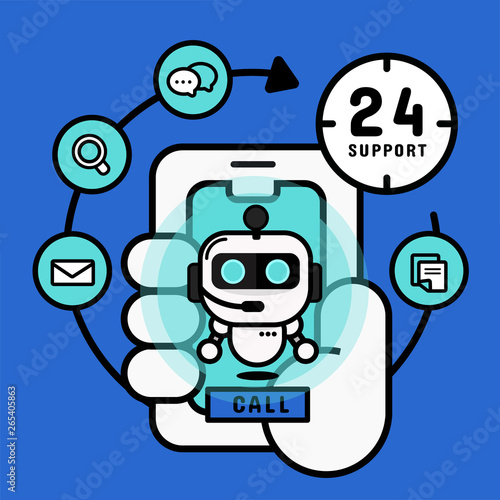 Chatbot robot on mobile. Online shopping service. Banner vector Illustration