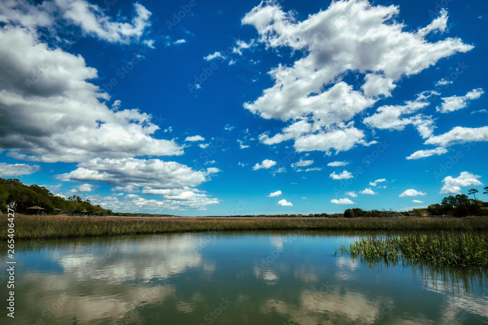 Puffy white clouds and blue sky over a salt-marsh at Pawleys Island. Puffy white clouds and blue sky over a salt-marsh at Pawleys Island.