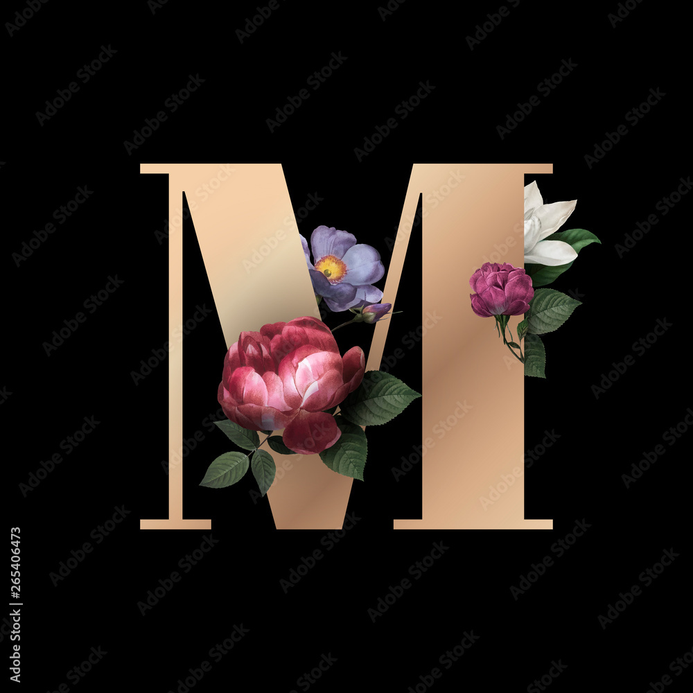 Floral letter M font - obrazy, fototapety, plakaty 
