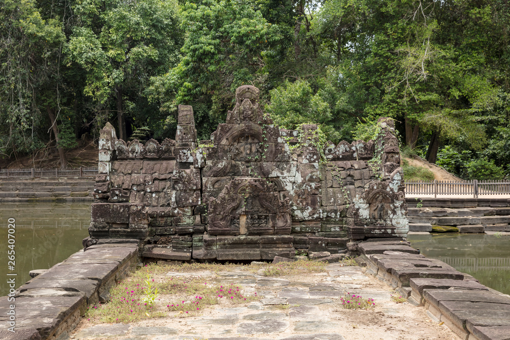 Jayatataka Baray, a man made lake which contains the Neak Pean artificial island with a Buddhist temple on a circular island at Angkor, Siem Reap, Cambodia