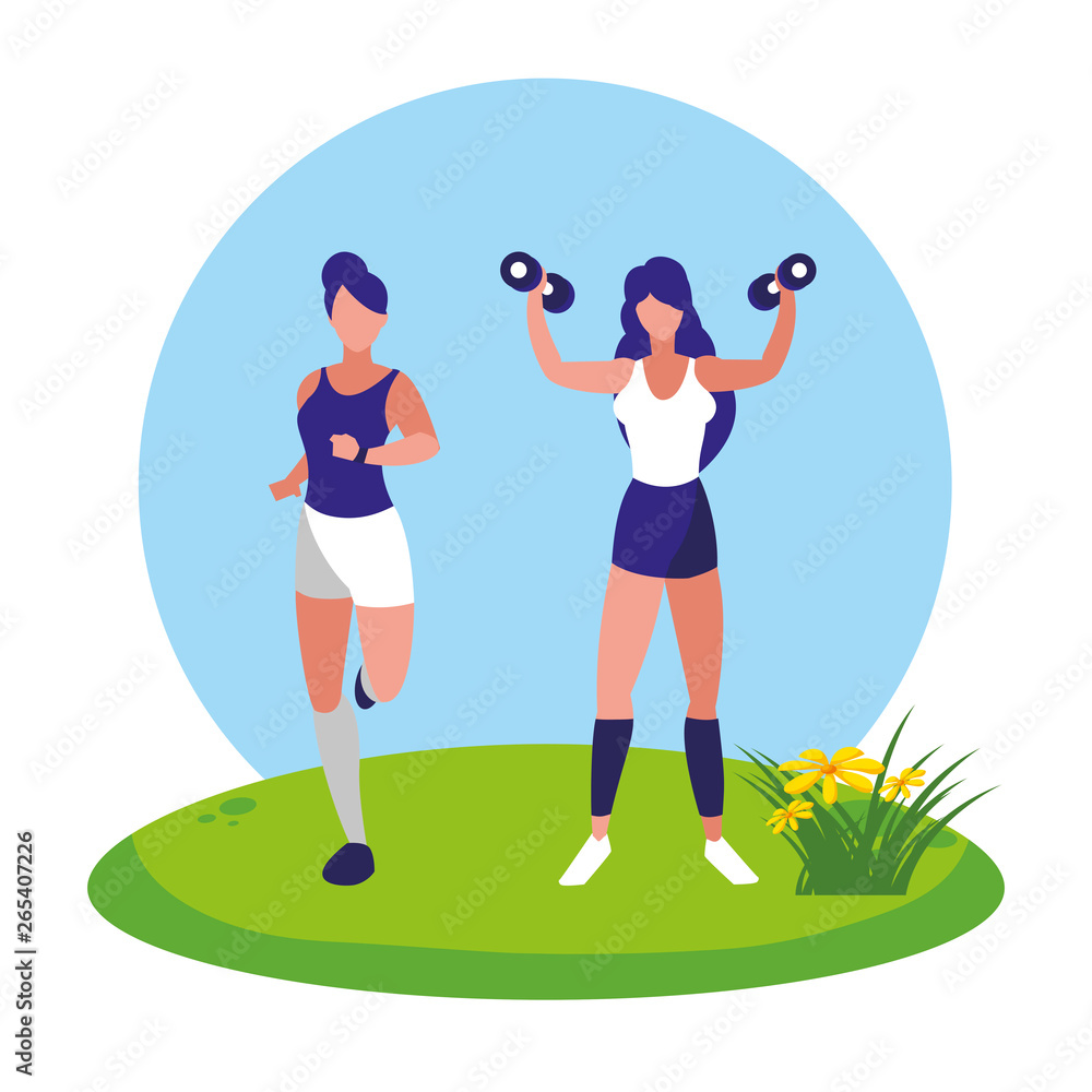 athletic women running and weight lifting in the camp athletic women running and weight lifting in the camp
