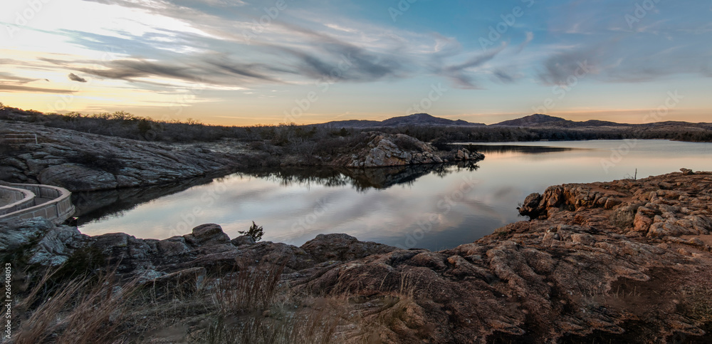 Rocky Lake Sunset Panorama Reflection