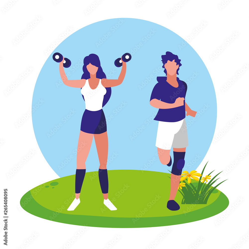 athletic man running and woman weight lifting in the camp athletic man running and woman weight lifting in the camp