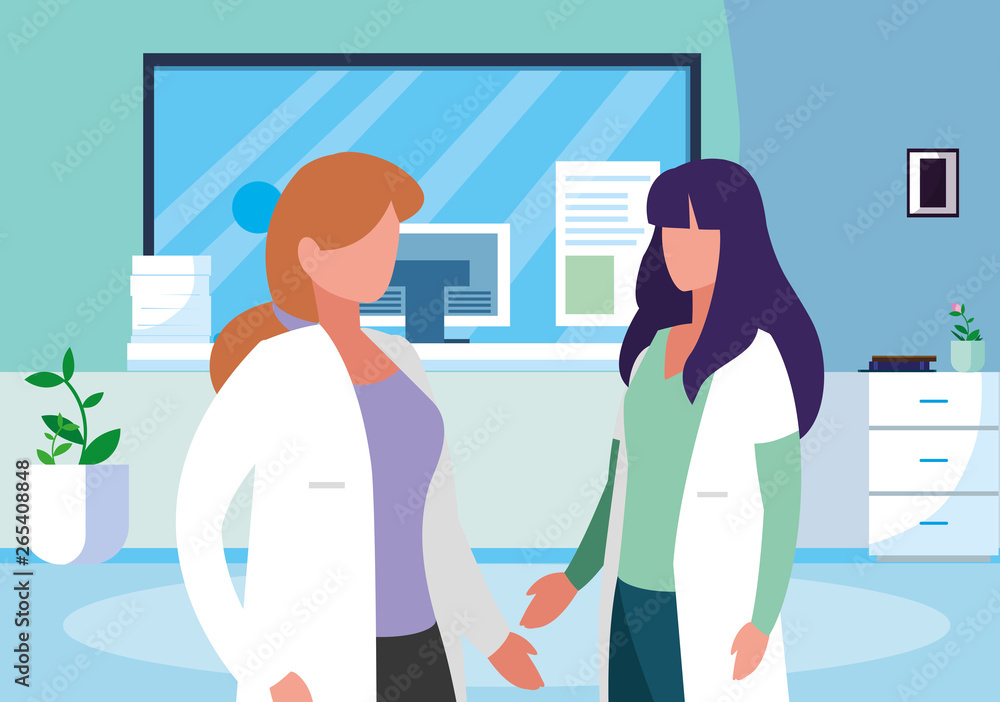 female medicine workers in clinic reception scene female medicine workers in clinic reception scene