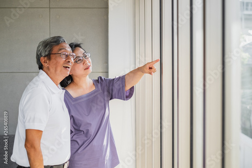 old senior Asian couple looking and pointing out of a window. photo