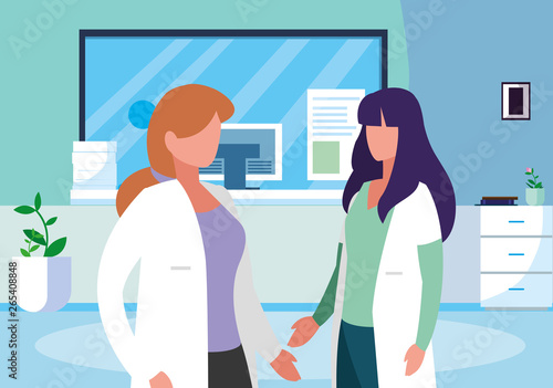 female medicine workers in clinic reception scene
