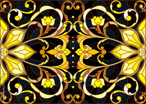Illustration in stained glass style with floral ornament ,imitation gold on dark background with swirls and floral motifs