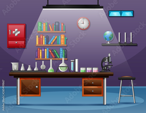 Health laboratory room with table full of instruments for scientific experiment