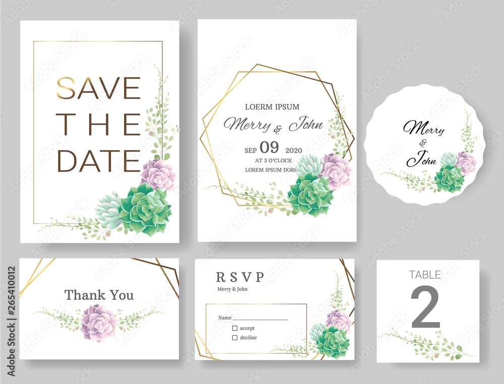 Set of Wedding invitation Card,save the date thank you card,rsvp with floral   and leaves, gold border, watercolor style for printing, badge.vector illustration