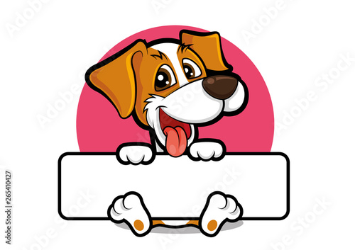 Cute dog holding a big signboard, pet signage vector illustration. Puppy mascot character with big signage.