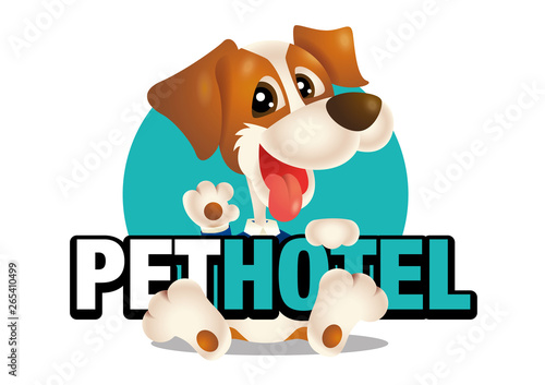 Character cute dog holding a pet hotel signboard, vector illustration, signage 