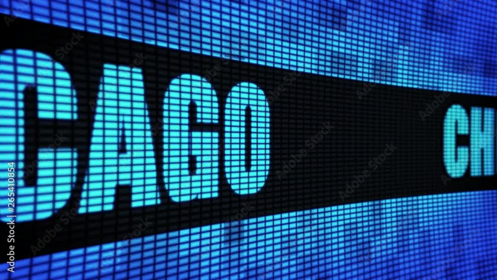 CHICAGO Side Text Scrolling on Light Blue Digital LED Display Board Pixel Light Screen Looped Animation 4K Background. Sign Board , Blinking Light, Pixel Monitor . LED Wall Pannel CHICAGO Side Text Scrolling on Light Blue Digital LED Display Board Pixel Light Screen Looped Animation 4K Background. Sign Board , Blinking Light, Pixel Monitor . LED Wall Pannel