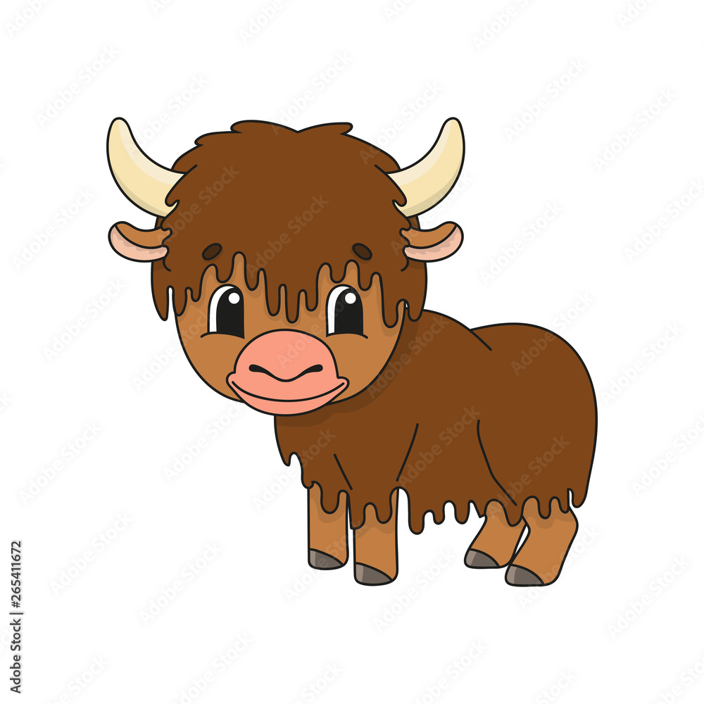Yak.. Cute flat vector illustration in childish cartoon style. Funny character. Isolated on white background.