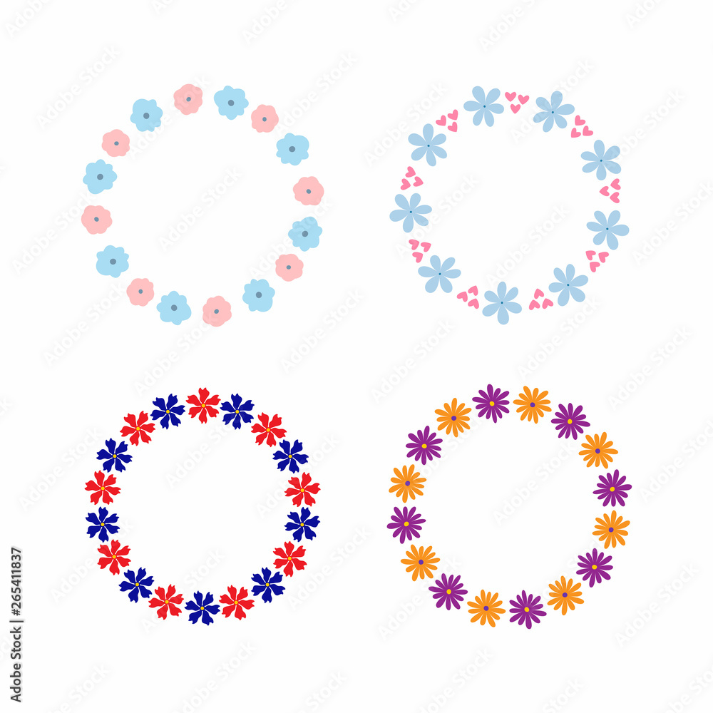 Set of simple frames of abstract flowers. Four color isolated floral borders for design.
