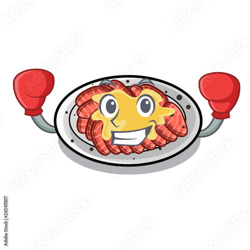 Boxing carpaccio is served on cartoon plates