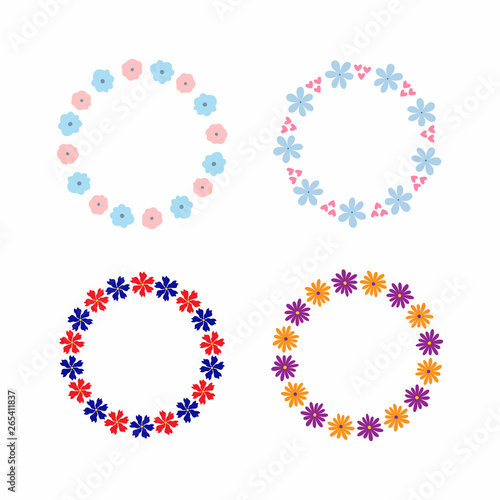 Set of simple frames of abstract flowers. Four color isolated floral borders for design.