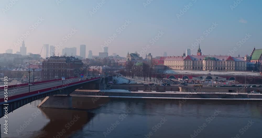 Drone flies up next to the bridge over the Vistula. Drone flies up next to the bridge over the Vistula.