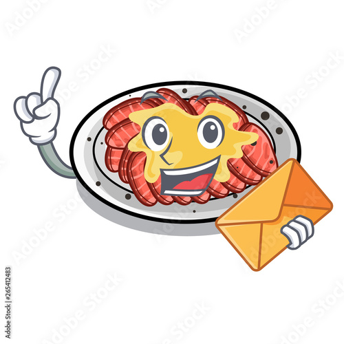 With envelope carpaccio above the wooden cartoon table