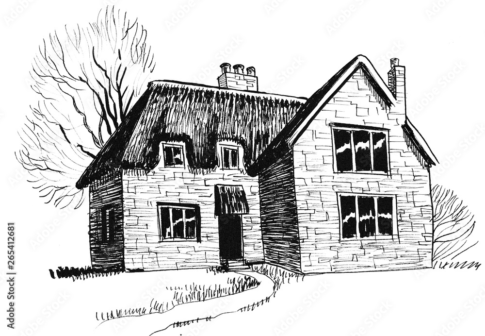 Old stone house. Ink black and white illustration