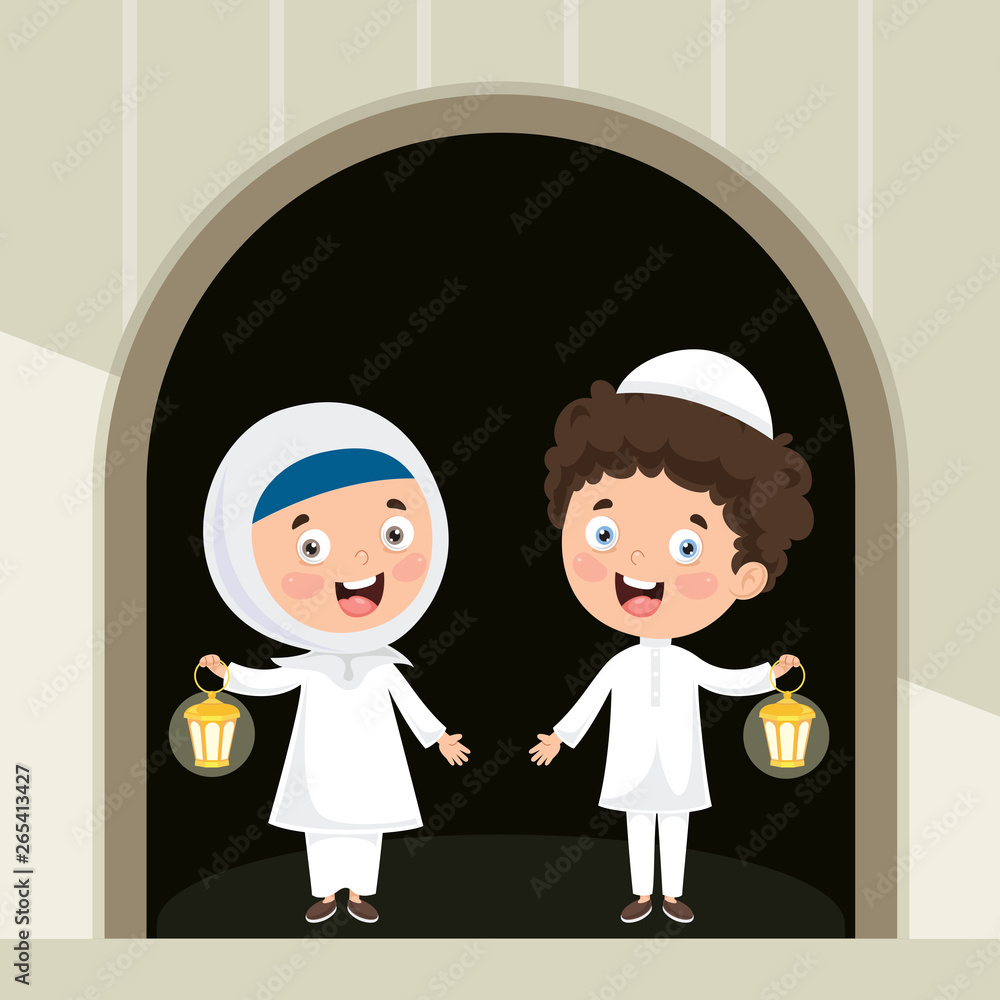 Obraz premium Vector Illustration Of Muslim Kids Celebrating Ramadan