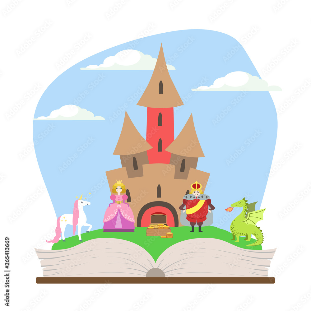 Opened Book with Magic Fairytale Castle, Prince, Princess, Unicorn and Dragon Vector Illustration Opened Book with Magic Fairytale Castle, Prince, Princess, Unicorn and Dragon Vector Illustration