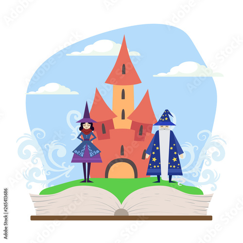 Opened Book with Magic Fairytale Castle, Wizard and Witch Vector Illustration