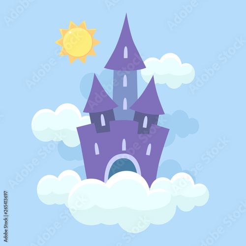 Magic Fantasy Fairytale Castle Flying in Clouds Vector Illustration © topvectors