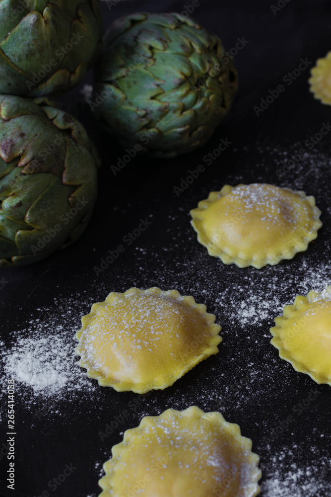 closeup artichoke ravioli. Vegan organic pasta. closeup artichoke ravioli. Vegan organic pasta.