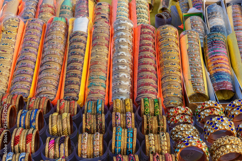 Traditional indian colorful bangles and bracelets in market at Jaipur. India