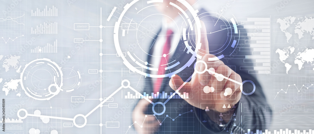 Fototapeta premium Business interface mixed media double exposure financial chart graph diagram and icon on virtual screen. Innovation concept