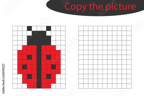 Copy the picture, pixel art, ladybug cartoon, drawing skills training, educational paper game for the development of children, kids preschool activity, printable worksheet, vector illustration