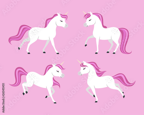 Cute unicorns set on pink background.