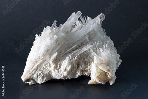 Isolated Scolecite mineral made of sprays of thin, prissmatic needles crystals. Scolecite is a tectosilicate mineral belonging to the zeolite group. From Poona, India. photo