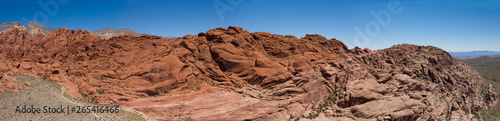Panoramic aerial scenic view of rock formations at Red Rock Canyon National Conservation Area in Nevada, USA. Calica, touristic place with natural scenery near Las Vegas city.