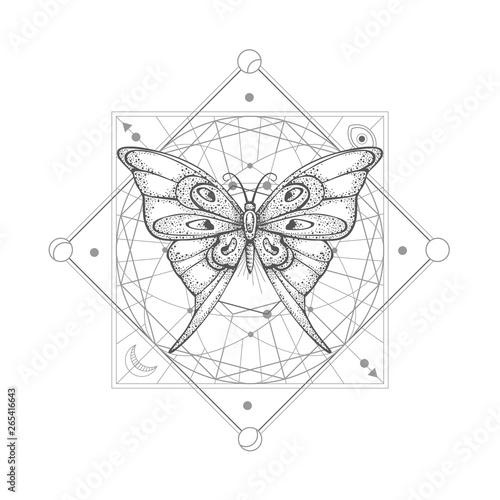 Vector illustration with hand drawn butterfly and Sacred geometric symbol on white background. Abstract mystic sign.