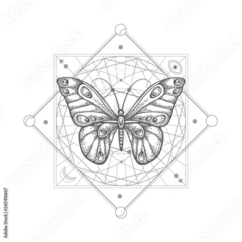 Vector illustration with hand drawn butterfly and Sacred geometric symbol on white background. Abstract mystic sign.