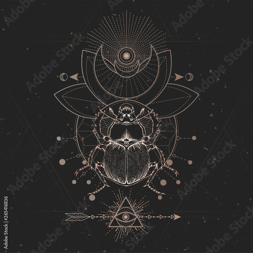 Vector illustration with hand drawn Scarab and Sacred geometric symbol on black vintage background. Abstract mystic sign.