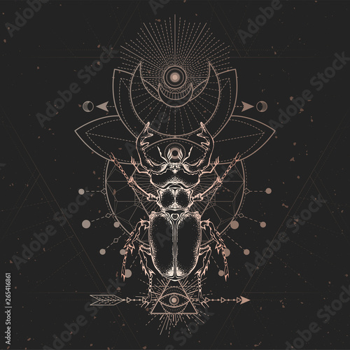 Vector illustration with hand drawn Stag beetle and Sacred geometric symbol on black vintage background. Abstract mystic sign.