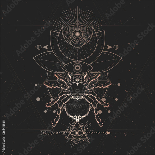 Vector illustration with hand drawn Spider and Sacred geometric symbol on black vintage background. Abstract mystic sign.
