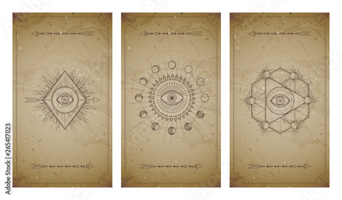 .Vector set of three vintage backgrounds with geometric symbols and frames. Abstract geometric symbols and sacred mystic signs drawn in lines.